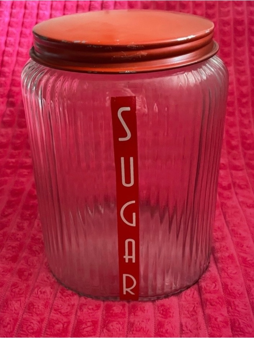 Vintage 1930’s Depression Era Glass Sugar Canister with Red Lid